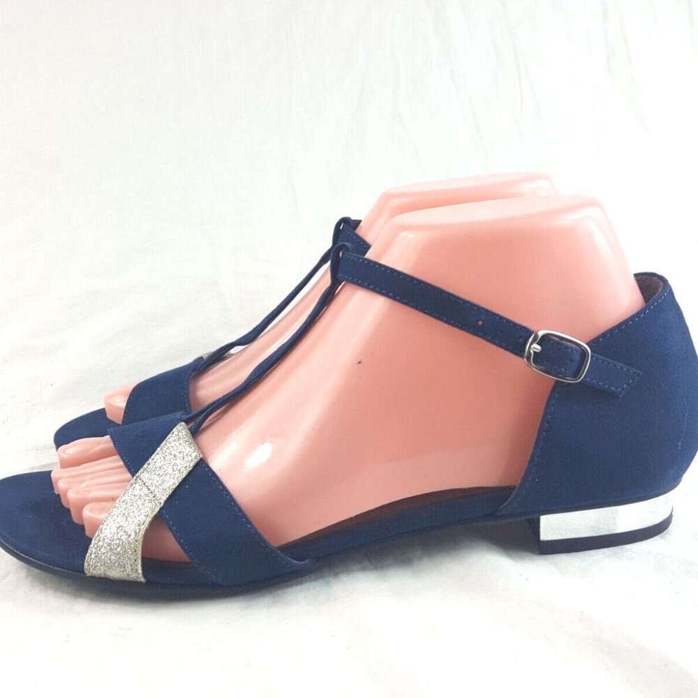 NAF NAF Low Heel Open Toe Sandals Closed Back Blue Suede Leather Size 8 US